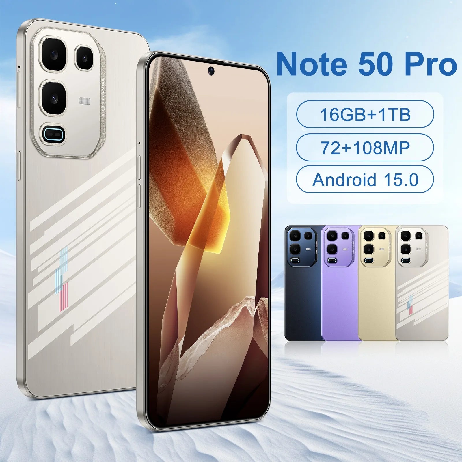 Tidesmit Note 50 Pro 5G smartphone with 108MP camera, 1TB storage, and 7.3 inch display, global version.