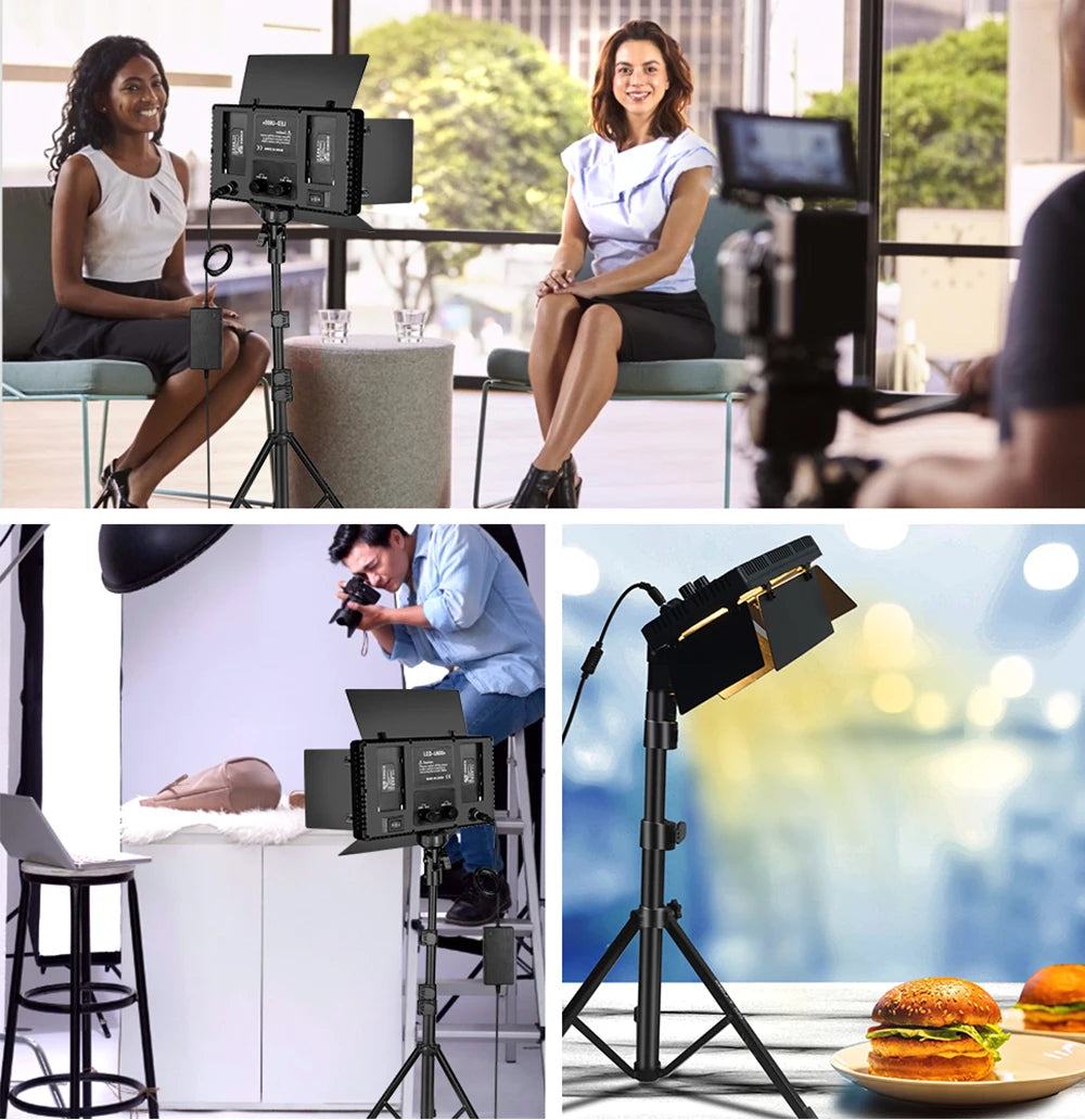 LED video light panel with adjustable barn doors on a black tripod stand for studio and food photography lighting.