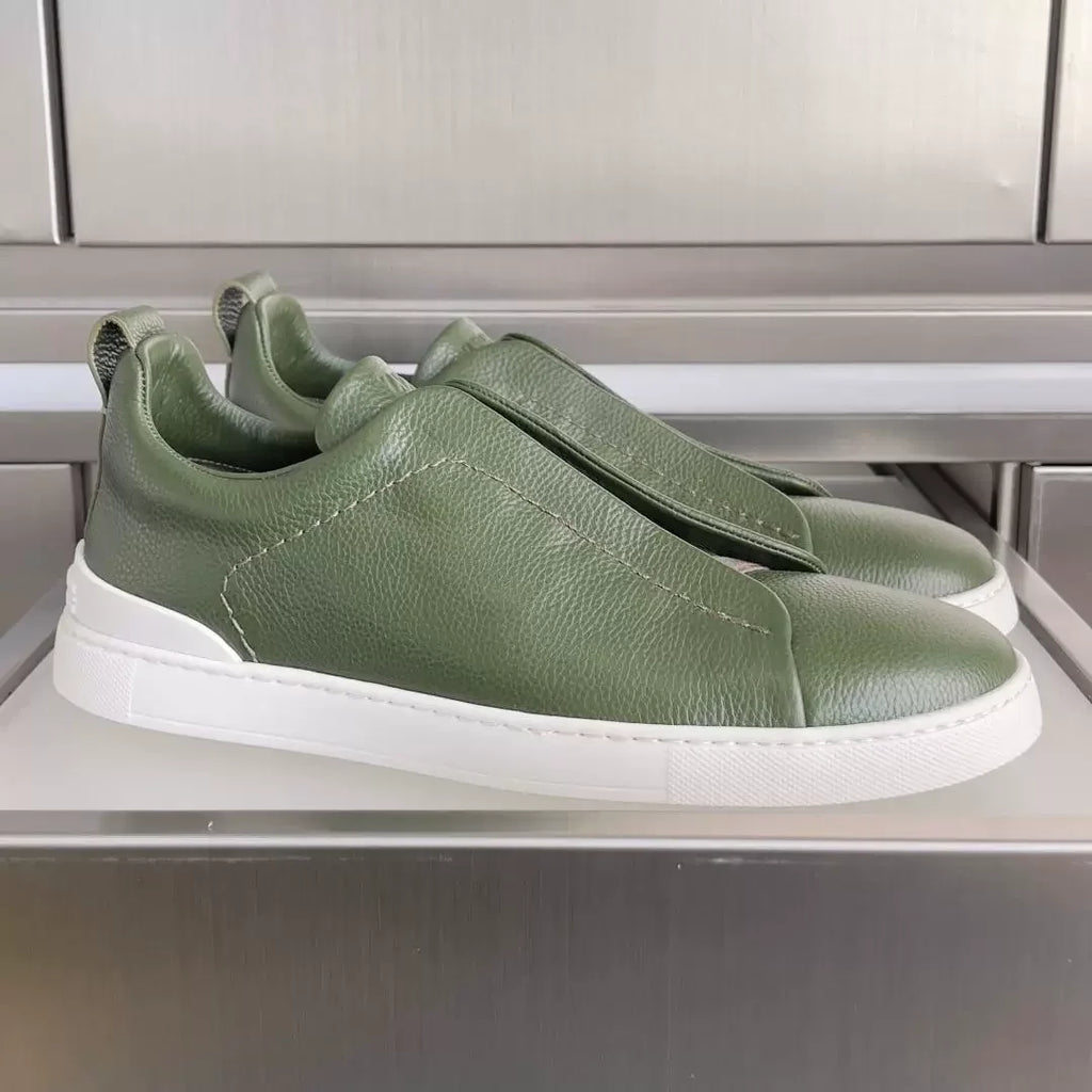 2026 Premium Men's Minimalist Sneakers Cream White Genuine Leather Slip-on Casual Shoes Luxury Grain Cowhide Loafers for Men