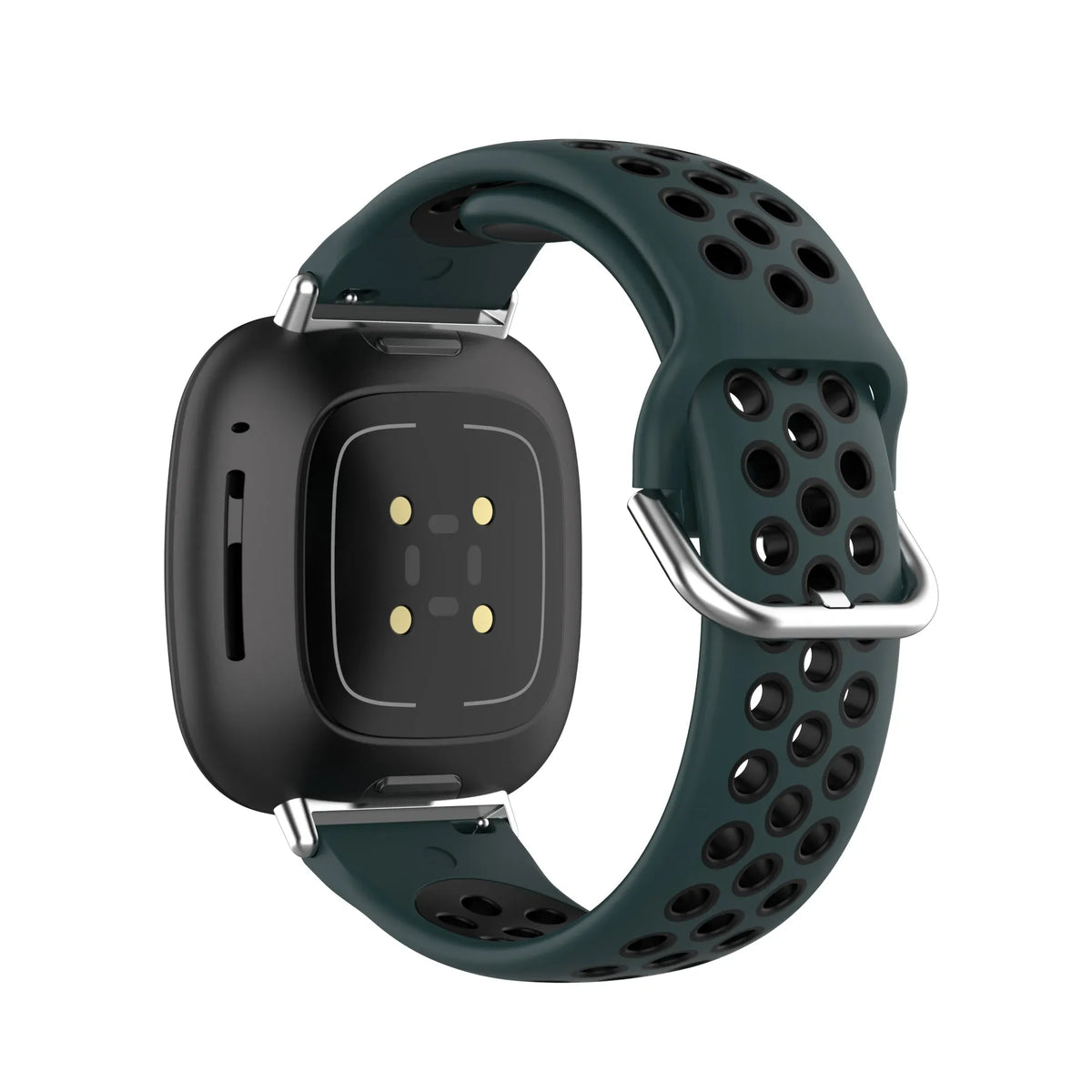 Dark green perforated silicone sport watch band with metal buckle, shown with smartwatch
