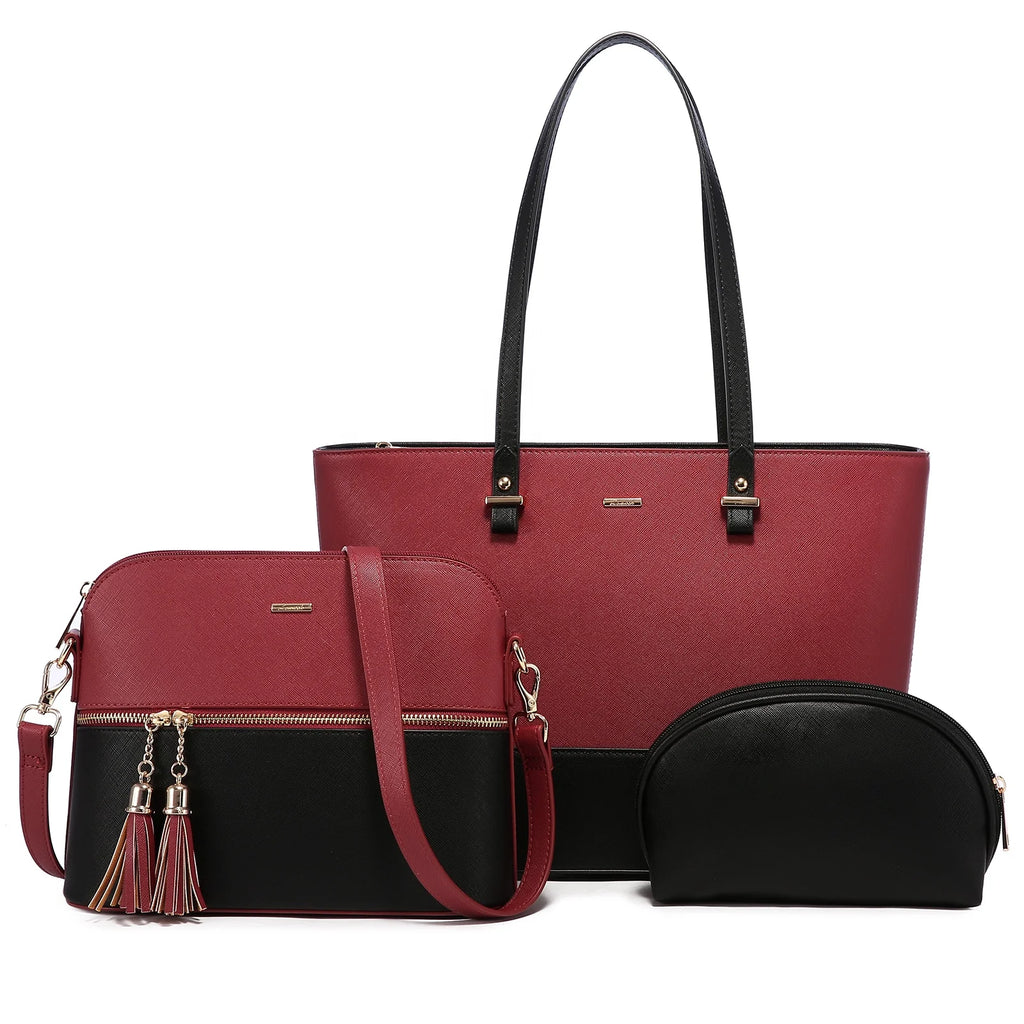 LOVEVOOK 3-piece designer handbag set in red and black PU leather with tote, crossbody tassel bag, and clutch.