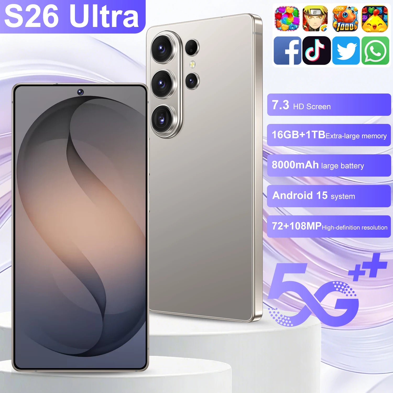 S26 Ultra 5G smartphone with 7.3 inch HD display 16GB RAM 1TB storage and 108MP camera, side view.