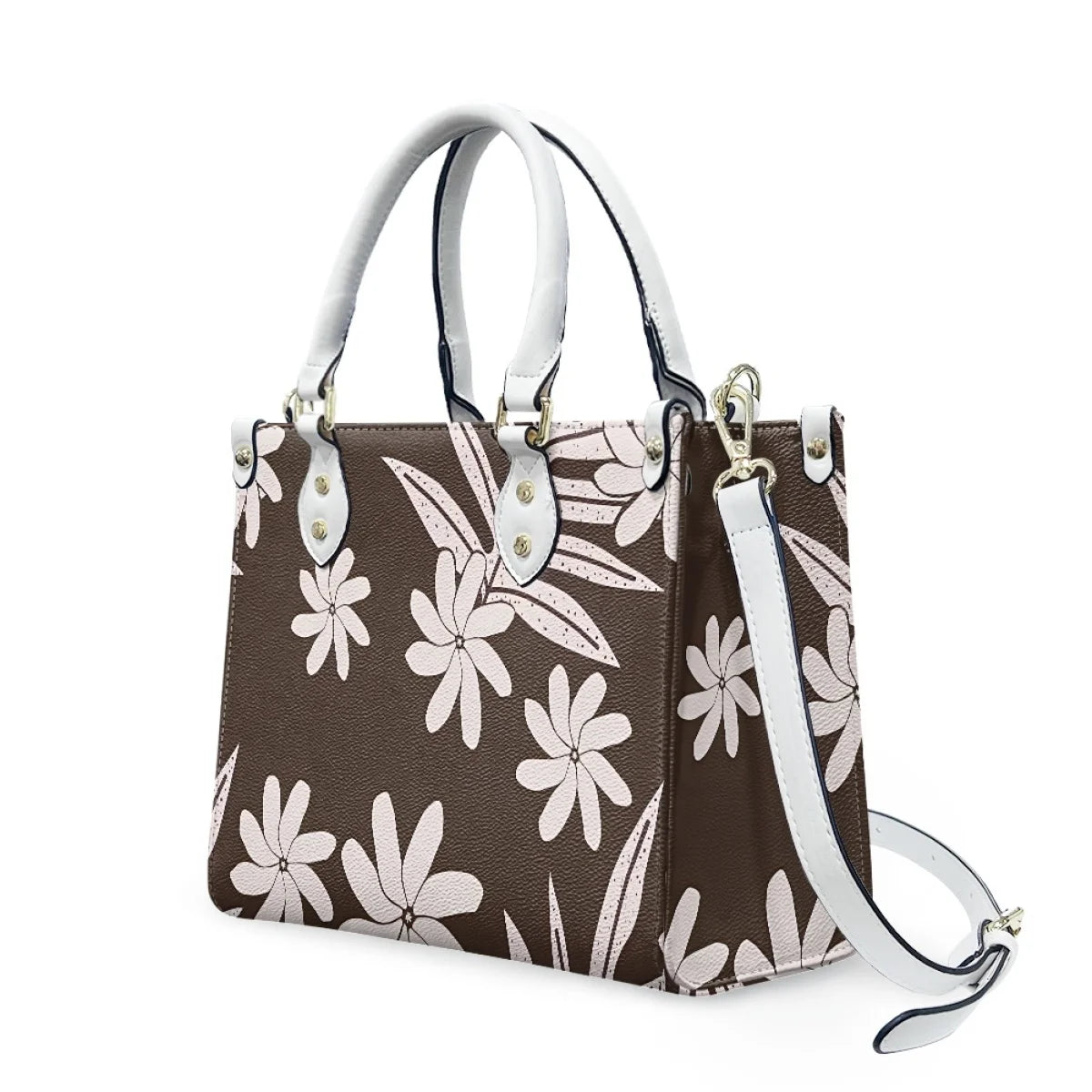 Brown faux leather handbag with white floral tribal pattern, top handles, and detachable shoulder strap for ladies.