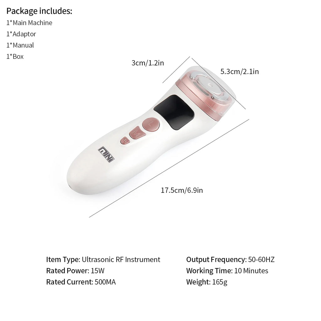 White and rose gold handheld ultrasonic facial lifting device with three control buttons and display screen.