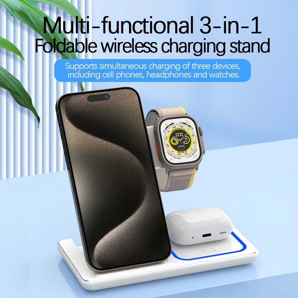 Wholesale Custom Logo Portable 3 in 1 Multifunction Fast Wireless Charging Stand 15w Phone 3 in 1 Foldable Wireless Charger Tidesmit