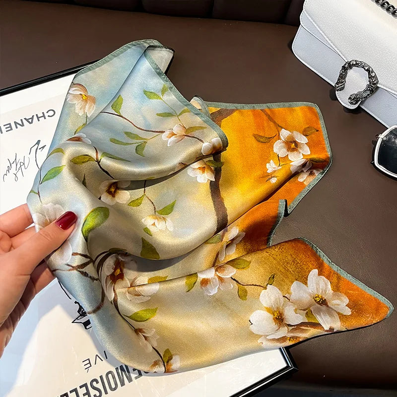 Women's Spring Autumn Mulberry Silk Square Scarf, Elegant Geometric Print, Soft & Smooth Neck Scarf