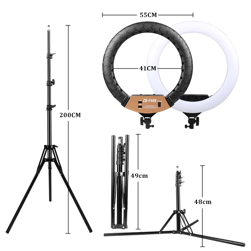 55cm LED ring light with a 200cm black tripod stand, showing dimensions and adjustable configurations for photography.