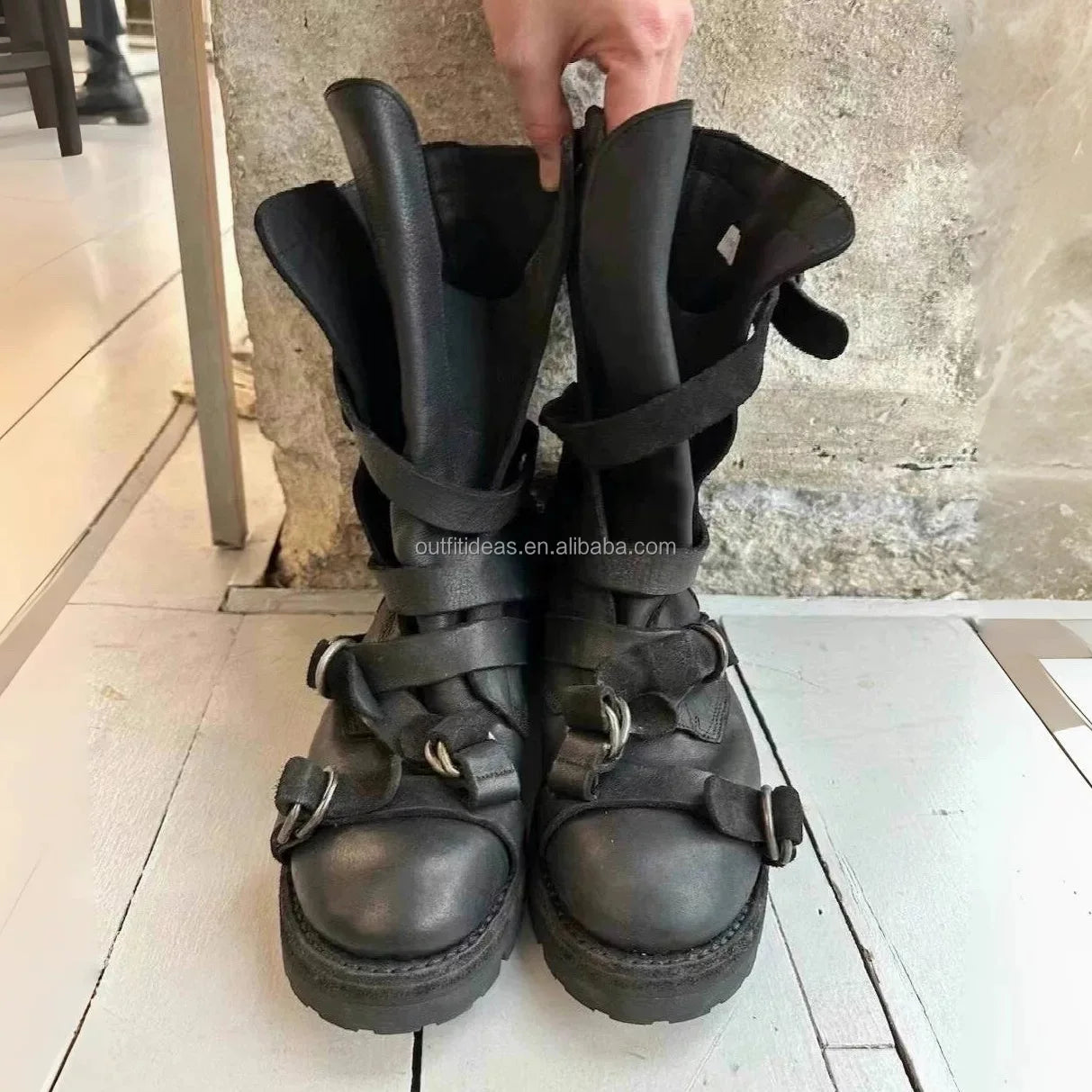 2023-24AW Pour Homme Yohji Yama Boots Adjustable Buckle Straps Genuine Leather Calfskin Unisex Men Black Ankle Distressed Boots