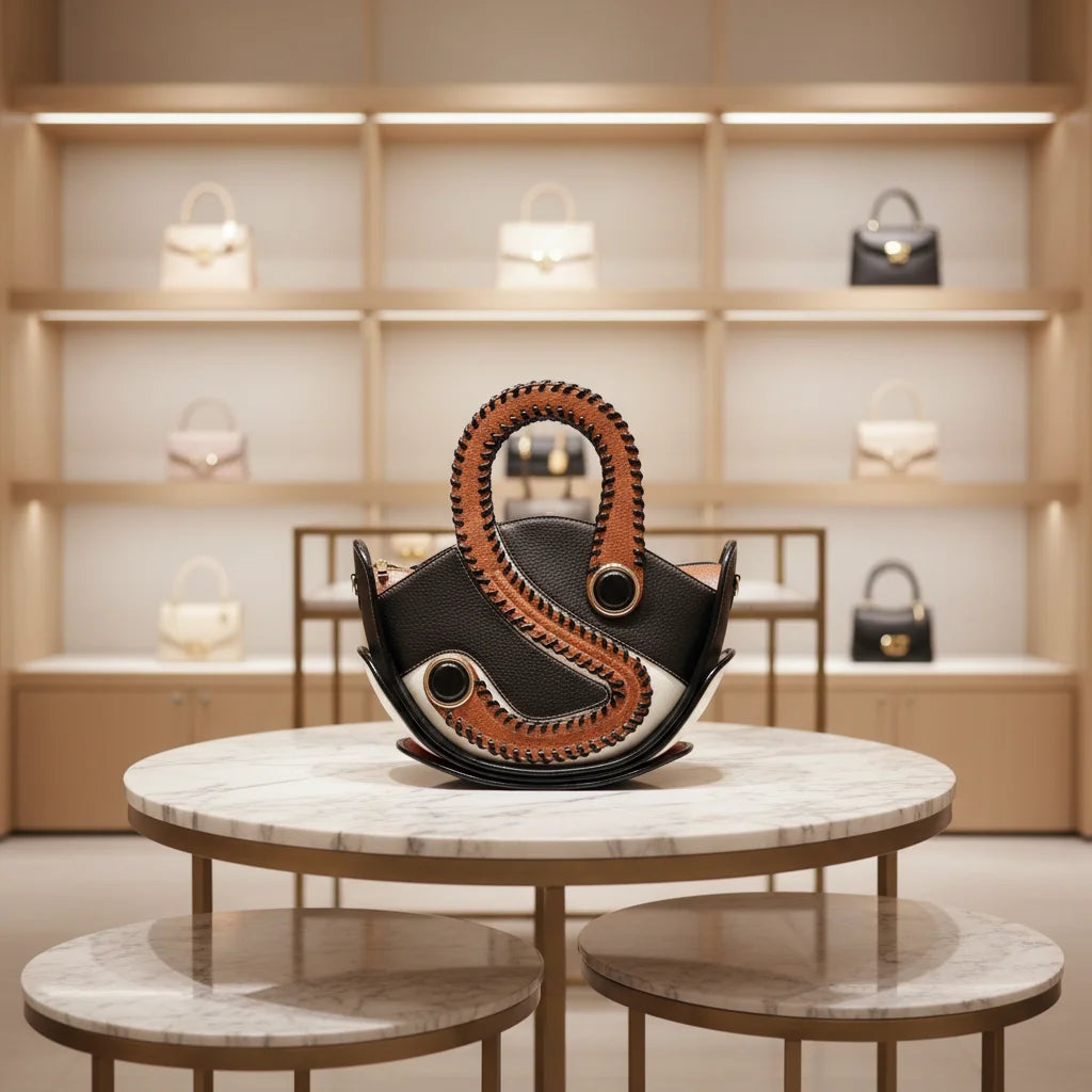 Unique designer handbag with black leather, brown stitched trim, and sculptural S-shape handle on a marble table.