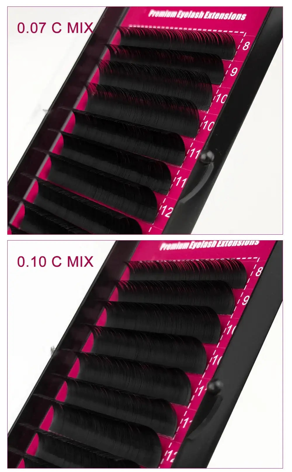 Two trays of Abonnie black silk eyelash extension strips labeled 0.07 and 0.10 C-curl mix on vibrant pink backing.