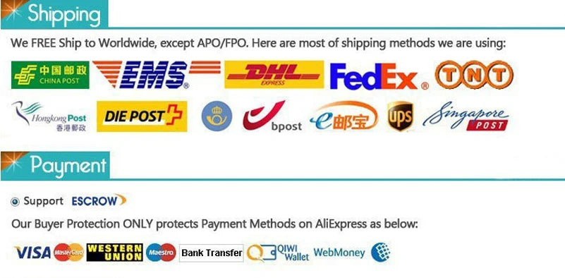 Infographic displaying various global shipping carrier logos and supported secure payment methods for online orders.