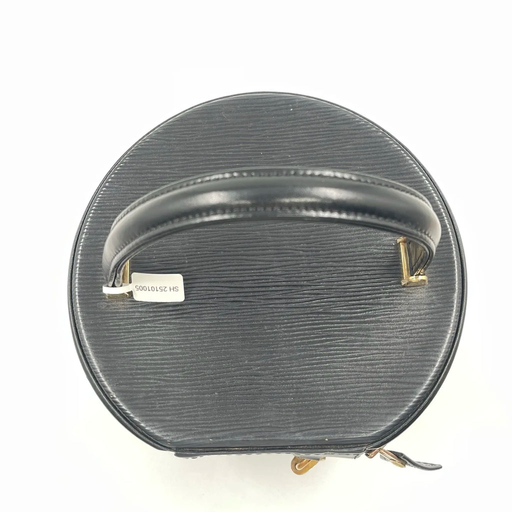 Pre-owned black Epi leather round designer handbag with top handle and gold-tone hardware.