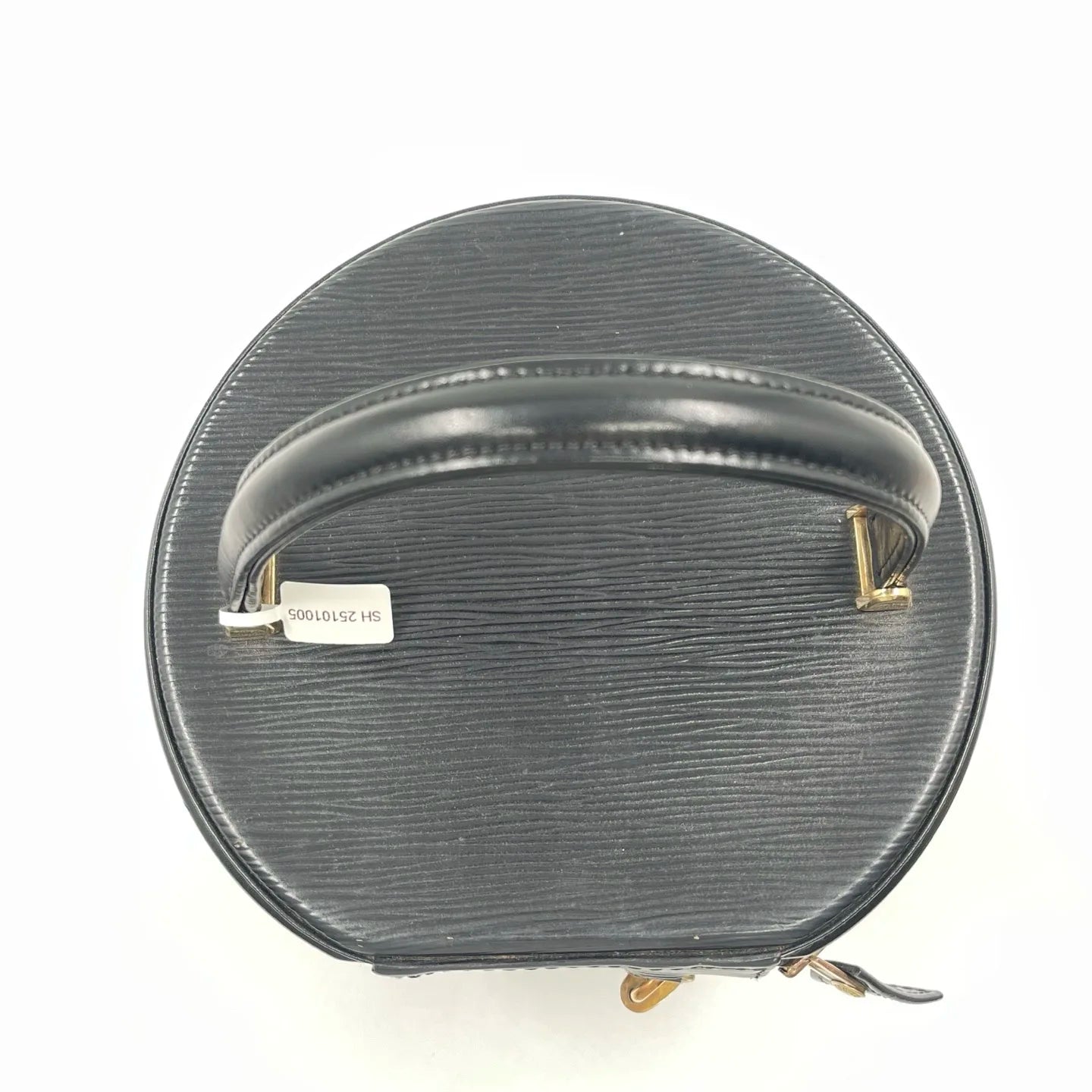 Pre-owned black Epi leather round designer handbag with top handle and gold-tone hardware.