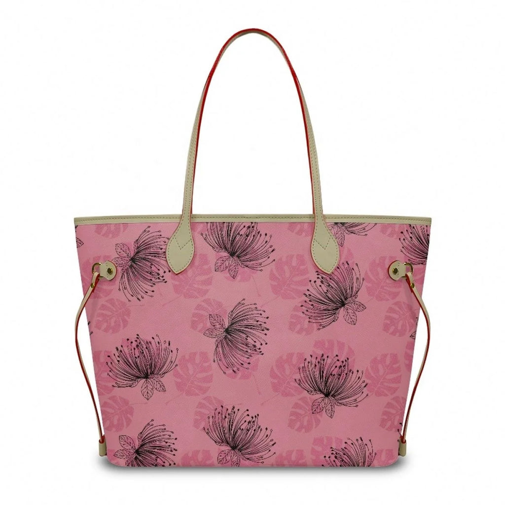 Pink designer tote handbag with Ohia Lehua floral print, cream leather straps, and spacious luxury shoulder bag style.