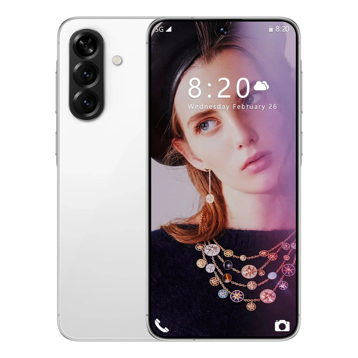 White smartphone with triple rear cameras and front display, showing 8:20 time on screen.