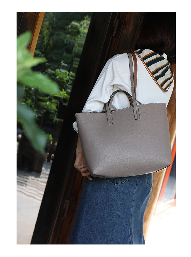Women Luxury Genuine Leather Tote Soft Cowhide Handbag Two Sides Available Using Shoulder Bags Versatile And Durable