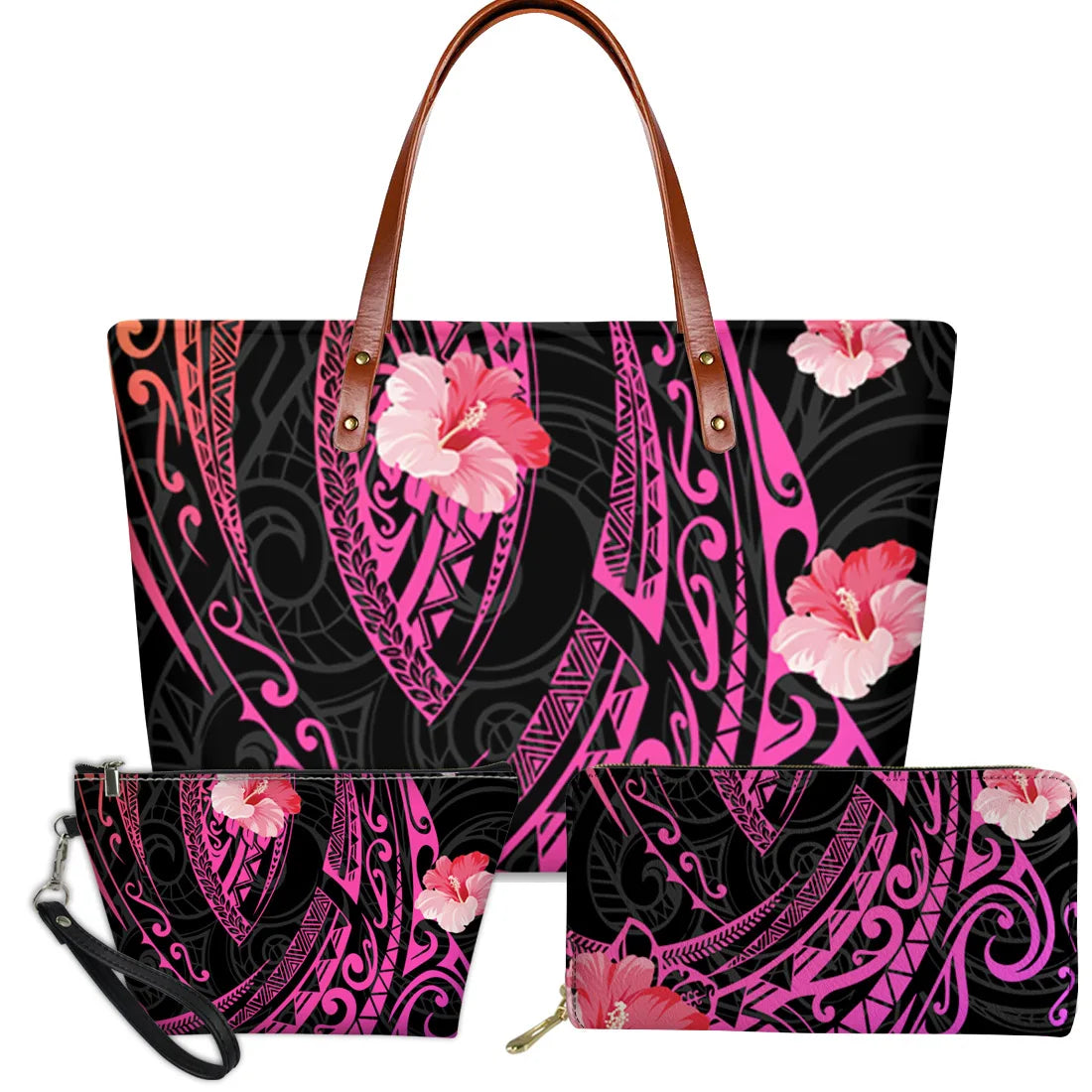 3-piece handbag set with pink Polynesian tribal patterns and hibiscus flowers on black vegan leather, brown handles.