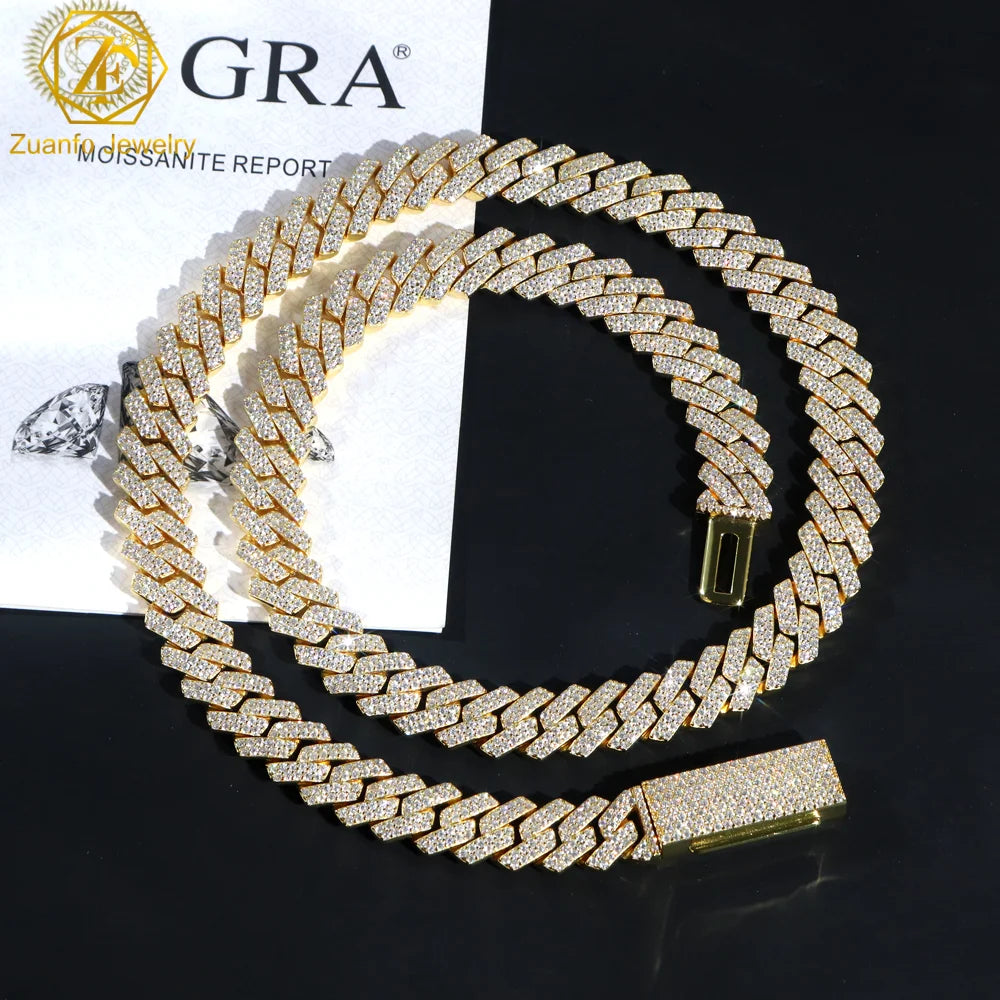 VVS Diamond 2rows 8mm 10mm 12mm 15mm S925 Silver GRA Moissanite Necklace Mans Hiphop Cuban Link Chain for Fashion Jewelry