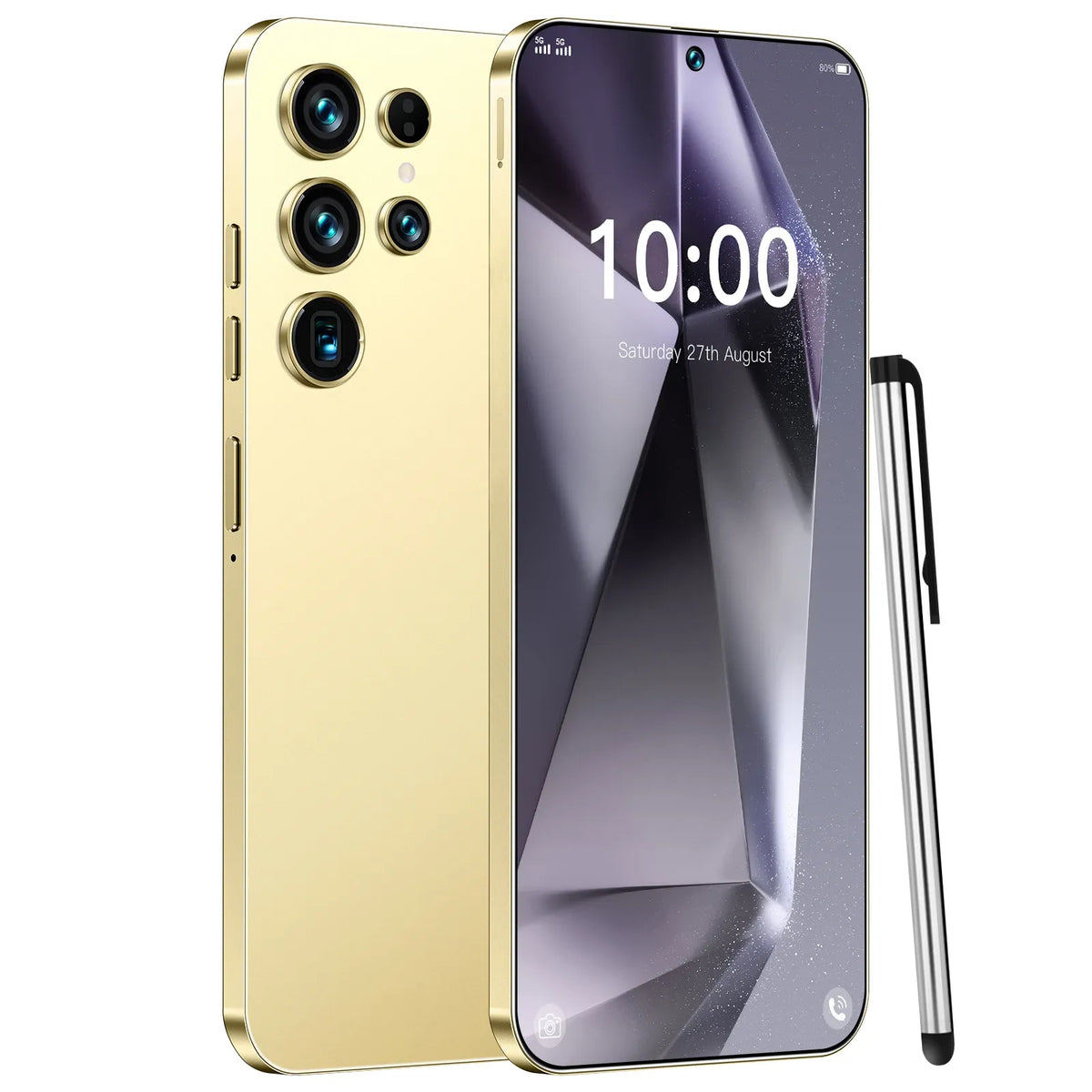 Gold smartphone with triple rear cameras; front touchscreen and side buttons