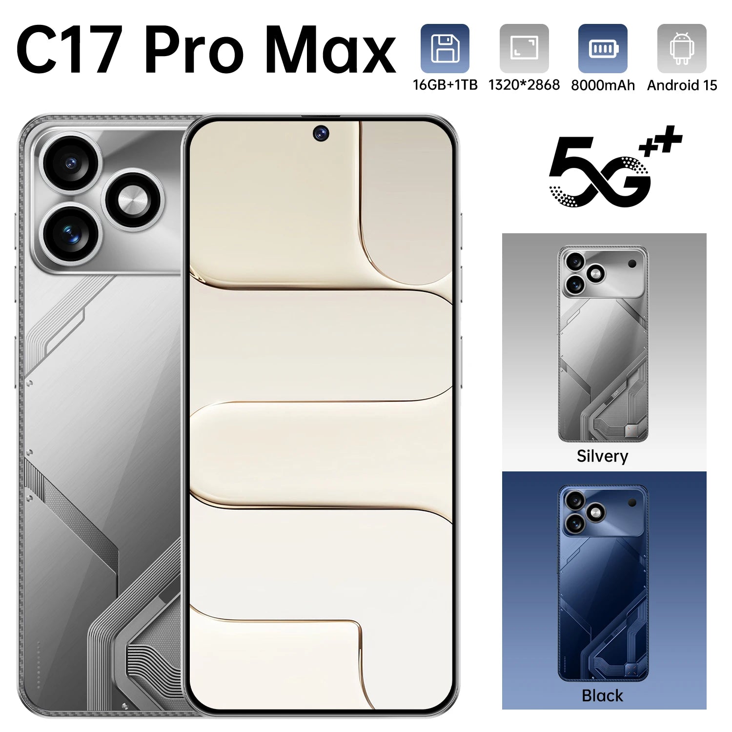 Tidesmit C17Pro smartphone secondary angle showing slim design and expansive 7.3 inch high resolution display.