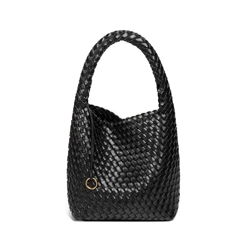 Chic black woven PU leather bucket bag with a braided top handle and gold ring detail for daily commute and style.