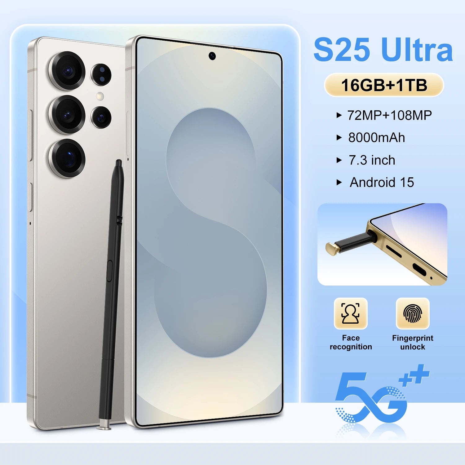 Tidesmit S25 Ultra 7-inch smartphone with 108MP camera, 7800mAh battery, 5G, and stylus pen in a sleek finish.