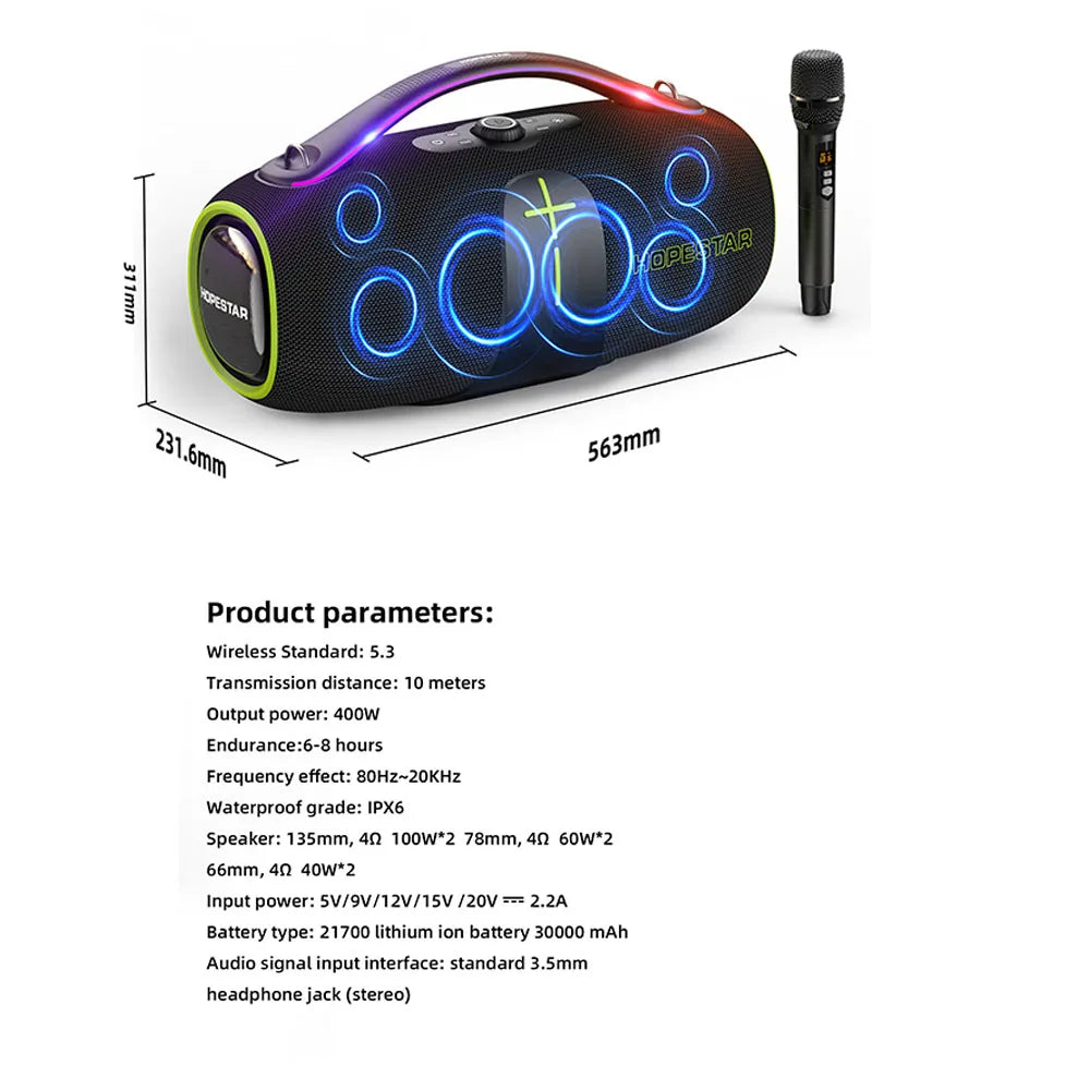 Factory HOPESTAR A85 Outdoor High Power 400W Wireless Blue Tooth Speaker Portable Waterproof IPX6 TWS Party Karaoke RGB AUX My Store