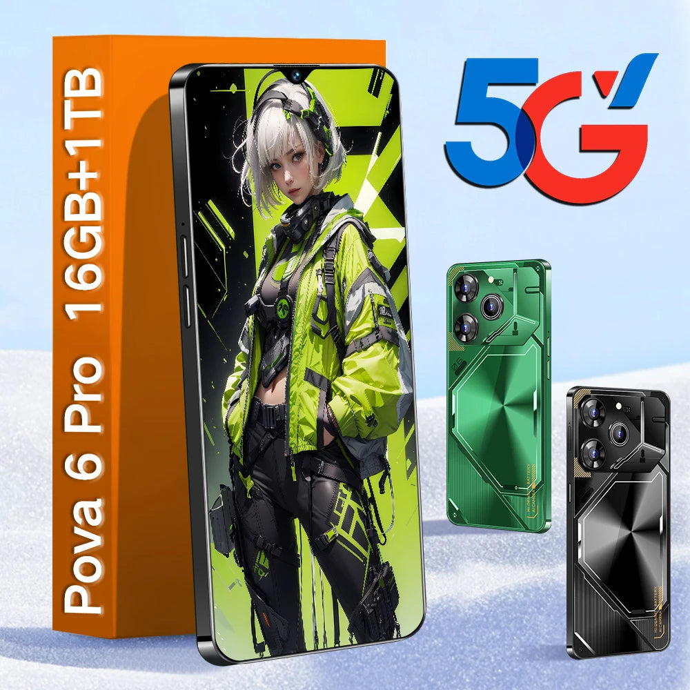 Unlocked Pova 6 Pro 5G Smartphone 16GB RAM 1TB ROM Long Battery Life Dual SIM Android Smart 5G Phone Tidesmit