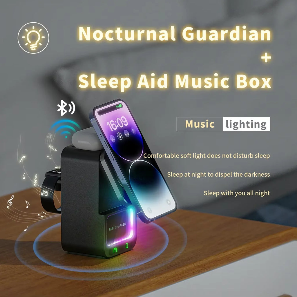 2024 New 5-in-1 Multi-Functional Wireless Charging Bluetooth Speaker Portable RGB LED Lighting Microphone Battery Power Source Tidesmit