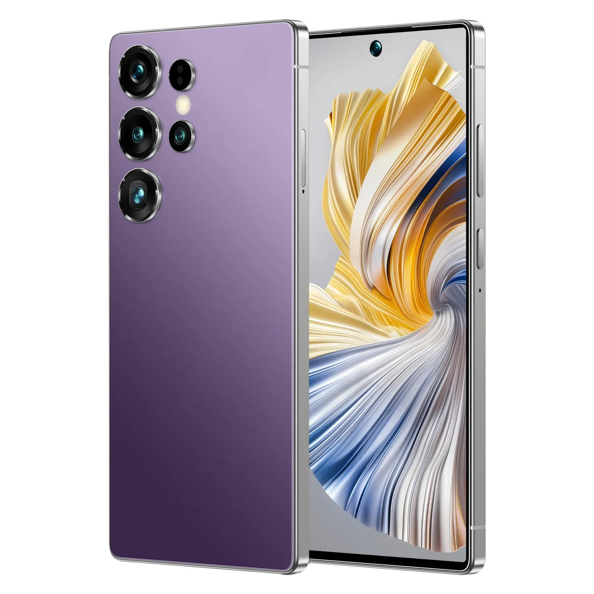 Purple smartphone with triple rear cameras and front screen with gold and blue abstract waves