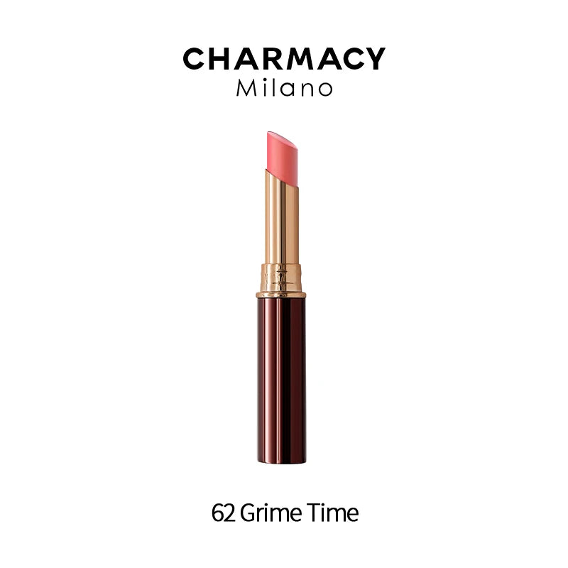 Charmacy Milano waterproof velvet matte lipstick in shade 62 Grime Time, a long-lasting pink lip makeup in a gold tube.
