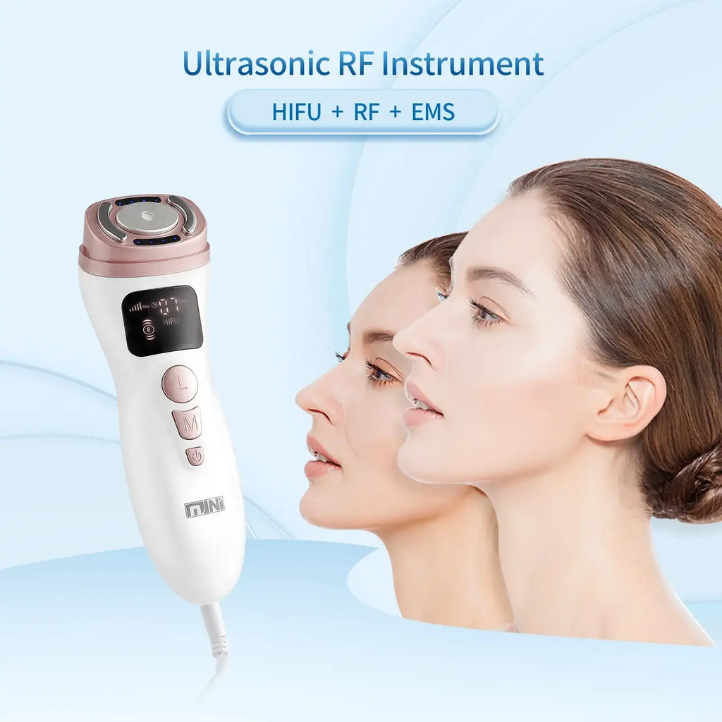 White and rose gold handheld HIFU facial tightening device with digital display, buttons, and power cord.