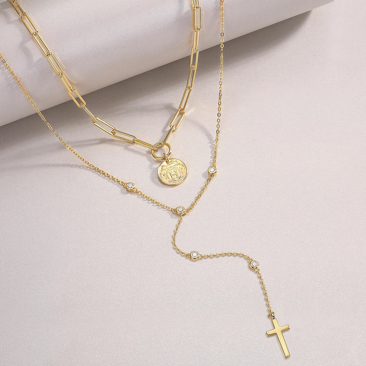 Factory Price Vintage Coin Cross Moissanite Layered Necklace, D Color VVS1 Bezel Set Design, Romantic Statement Necklaces