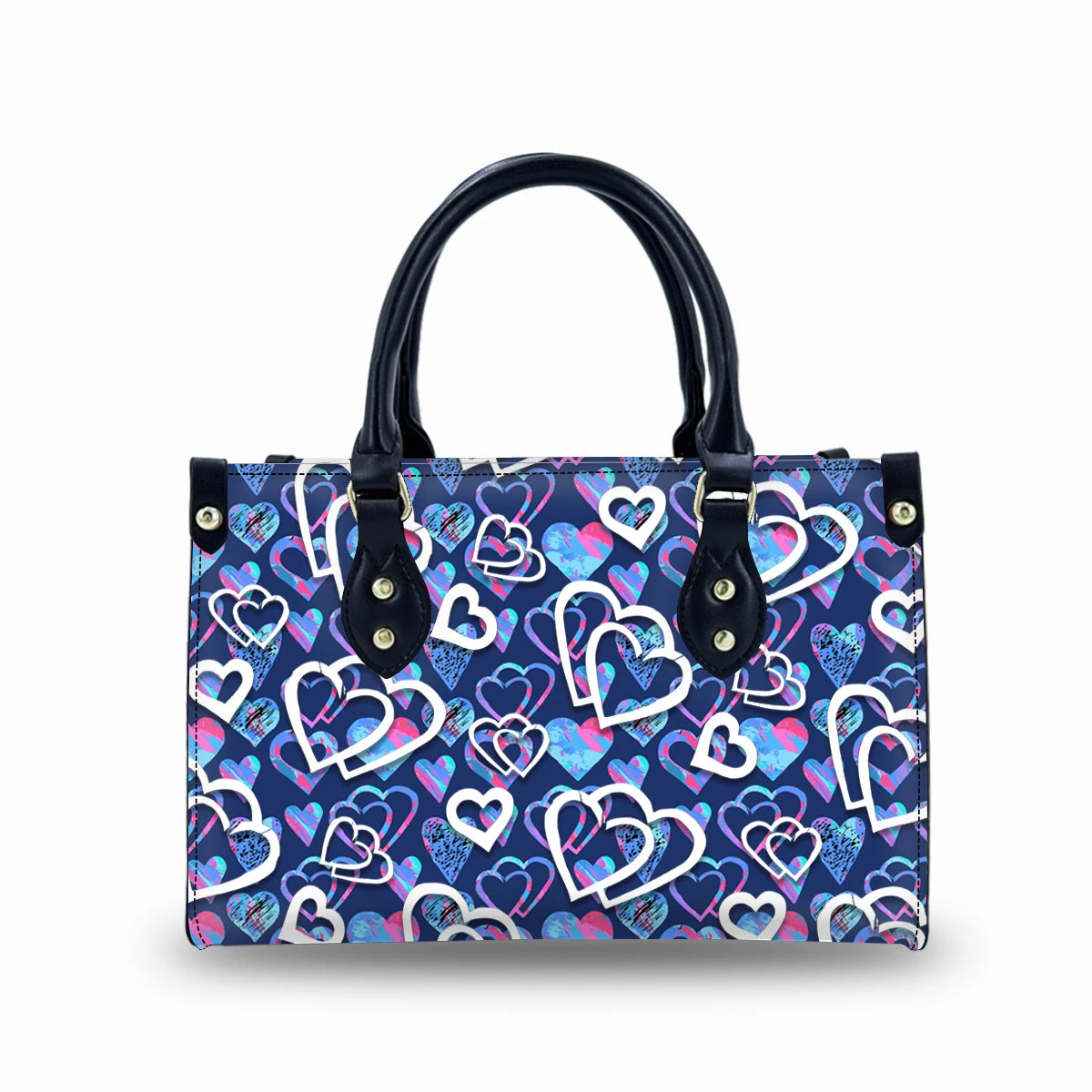 Vintage-style leather ladies trunk handbag with blue heart pattern, dual handles, and custom logo hook closure.