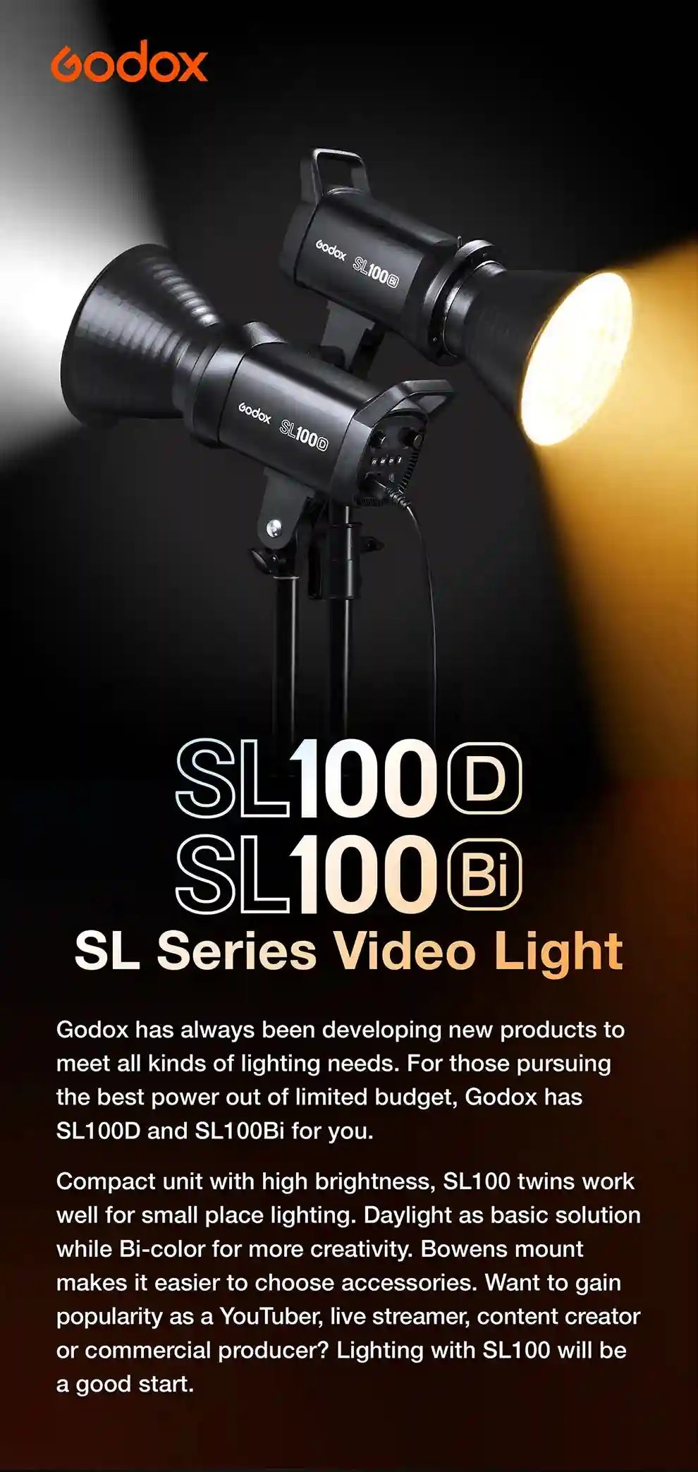 Godox SL100D LED Video Light 100W 5600K Bowens Mount Studio Kit Tidesmit