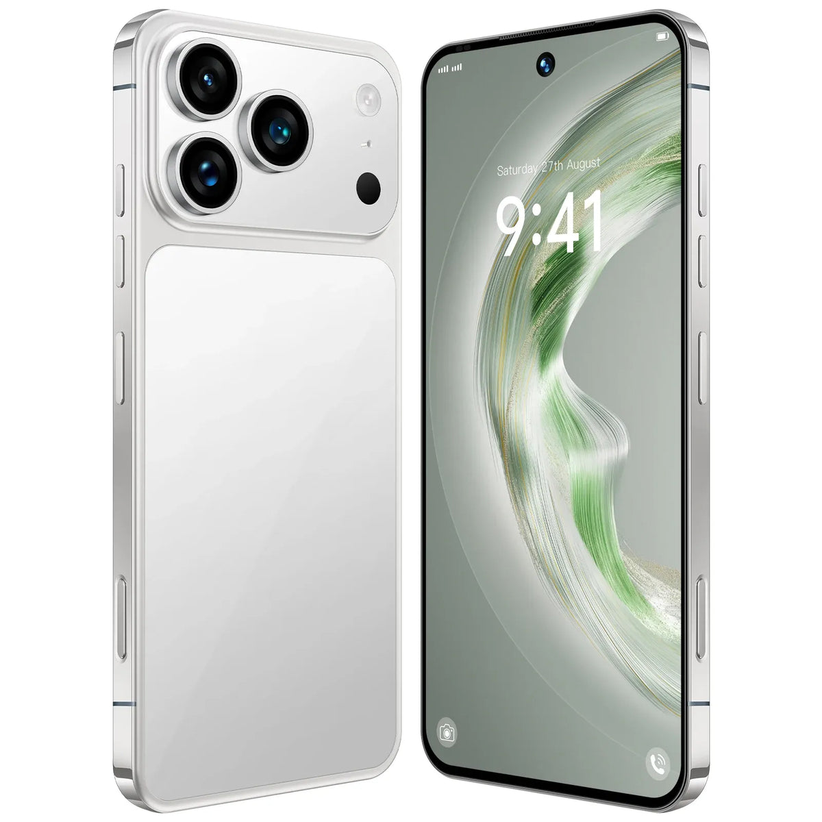 Silver smartphone showing rear triple-camera and front display with 9:41 time