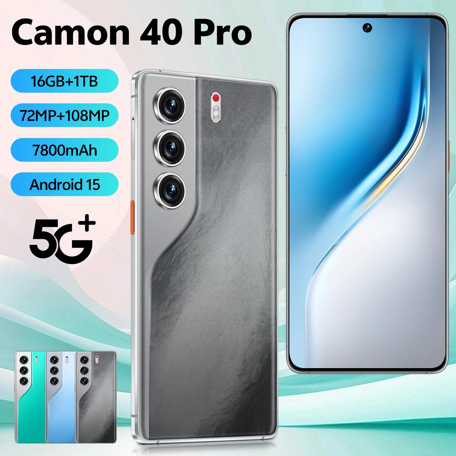Tecno Camon 40 Pro 5G Smartphone Original Unlocked 7.3-Inch Dual Card Mobile Phone with Deca Core CPU 4G/5G Network and Camera Black 16g 1TB Tidesmit