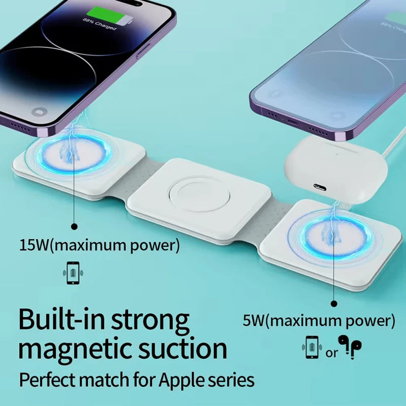 Folding Wireless Charging Pad Multifunction 3 in 1 Mini Foldable 15w Wireless Charger for Watch Airpods and Phones Tidesmit