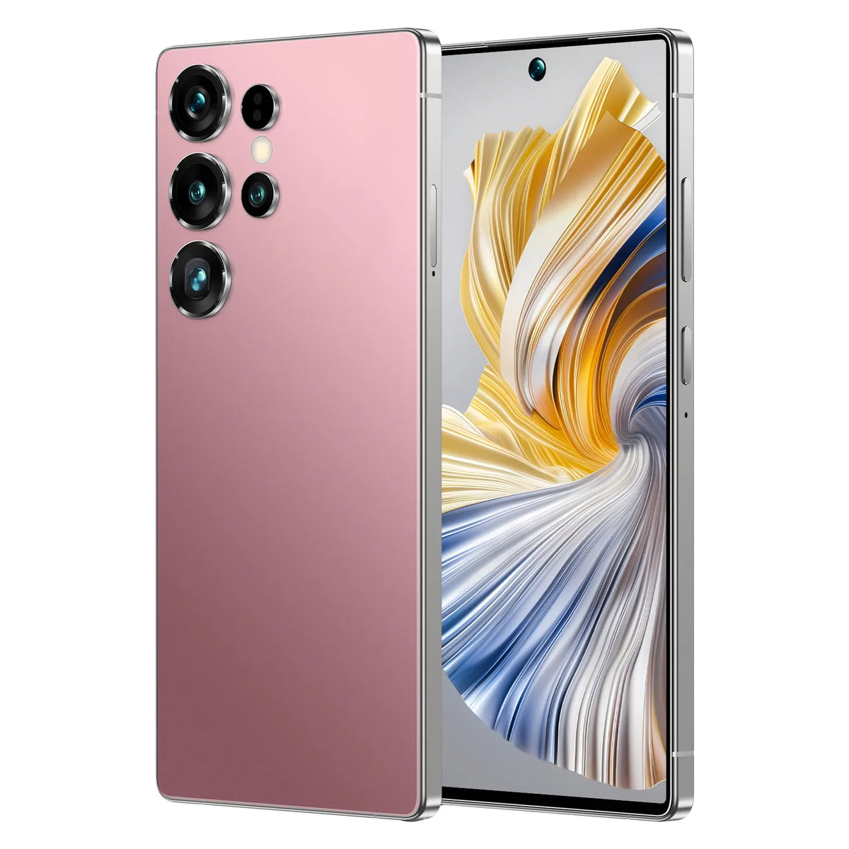 Pink smartphone with triple rear cameras and front screen with gold and blue abstract waves