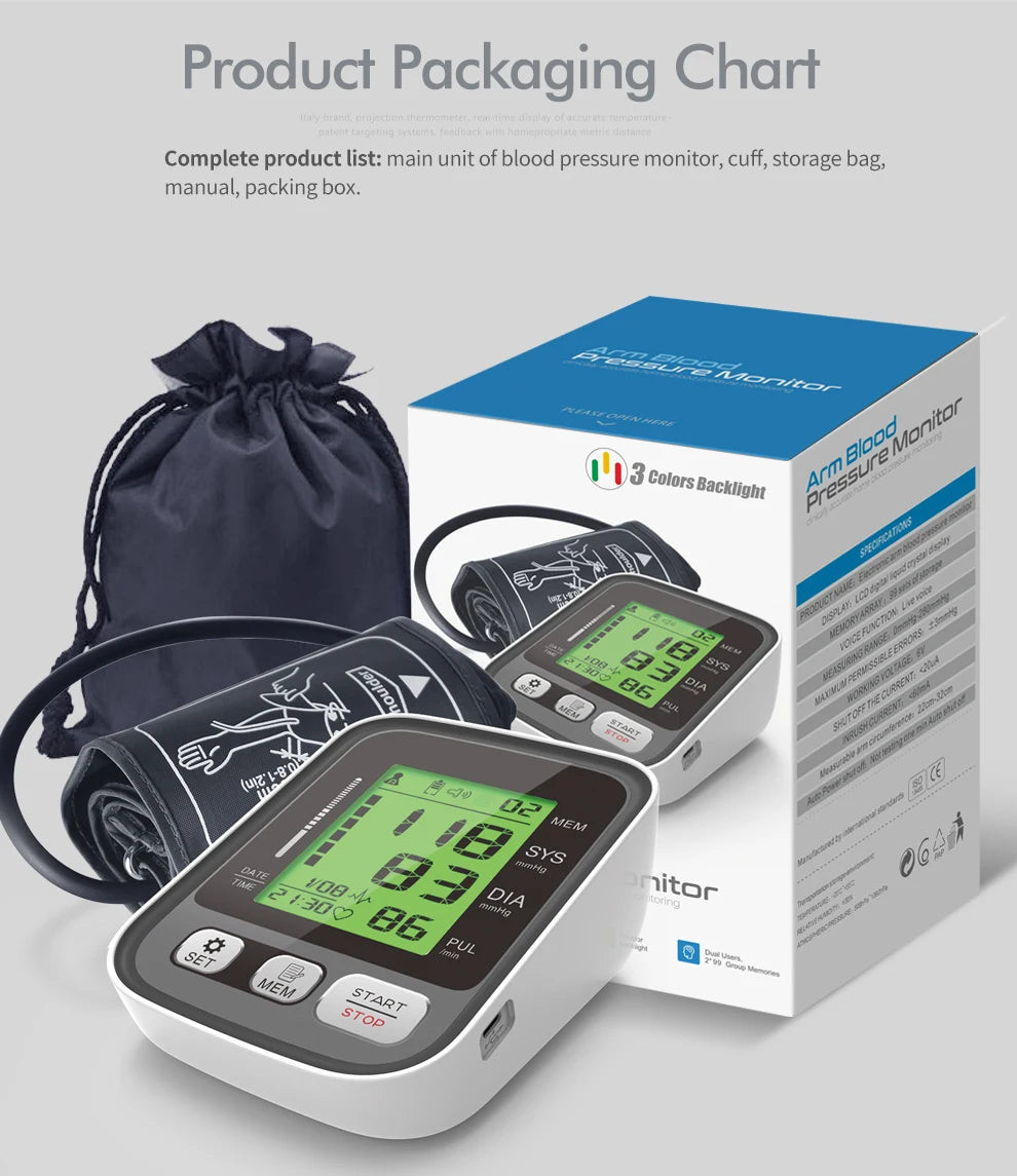 JYHealth Medical Digital Upper Arm Tensiometers BP Blood Pressure Monitor Heart Rate Meter Large Cuff Sphygmomanometer Tonometer