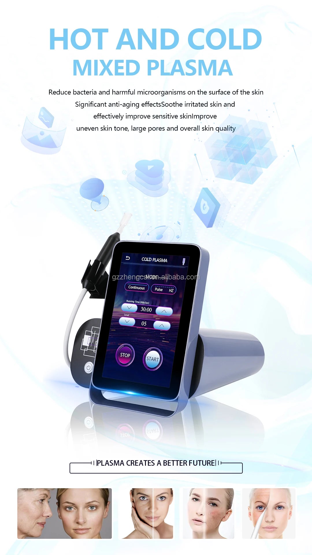 Cold plasma beauty device with digital screen for acne treatment, anti-aging, and skin repair on white background.
