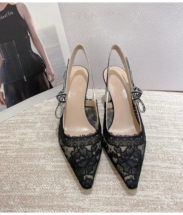 Women Shoes Sexy Stiletto Pointed Toe Transparent Mesh Embroidery Heels, Elastic Strap Evening Footwear for Club Party Occasions
