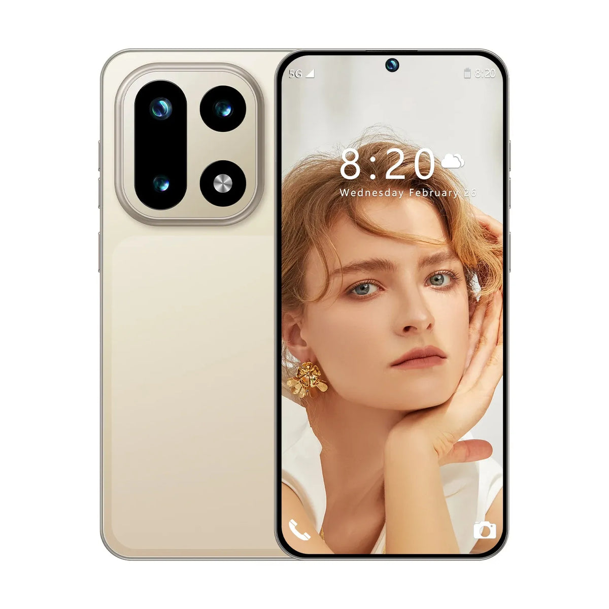 Cream unlocked smartphone with triple rear camera and front portrait display