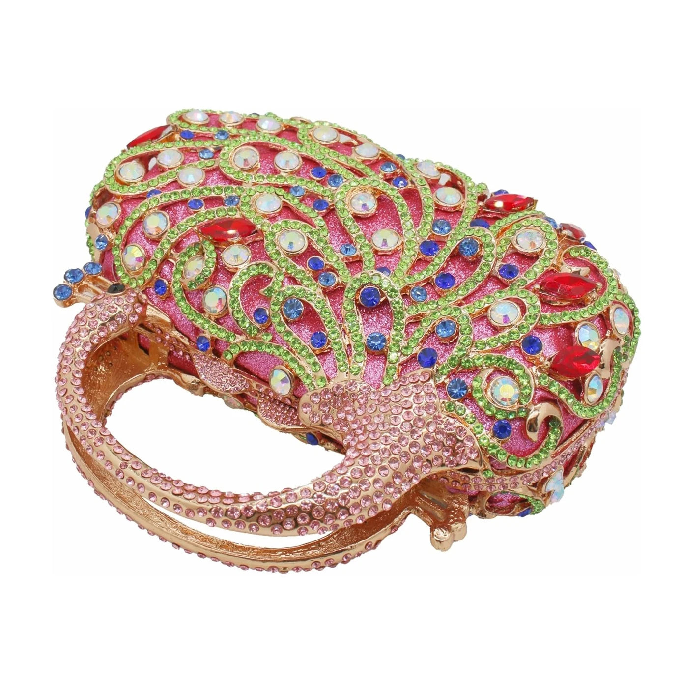 Luxury peacock crystal evening clutch with sparkling pink, green, and blue rhinestones and a metal handle.