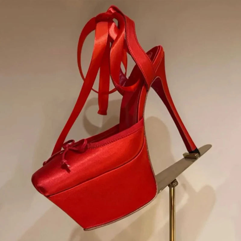 New Colors Women Silk Platform High Heels Stiletto Summer Square Toe Front Bow Shoes Ankle Cross Lace up Dress Wide Fit Pumps