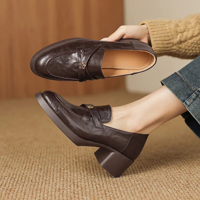 Women Top Grain Lambskin Round Toe Fleece Lined Loafers Spring 2026 Camellia Print High Heel Chunky Heel Pumps Luxury Designer