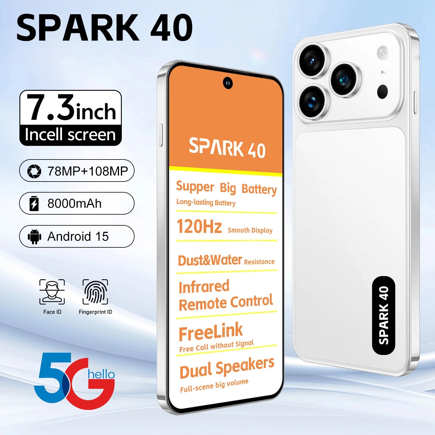 SPARK 40 5G smartphone featuring a 78MP and 108MP dual camera system with a long-lasting 8000mAh battery, rear view.