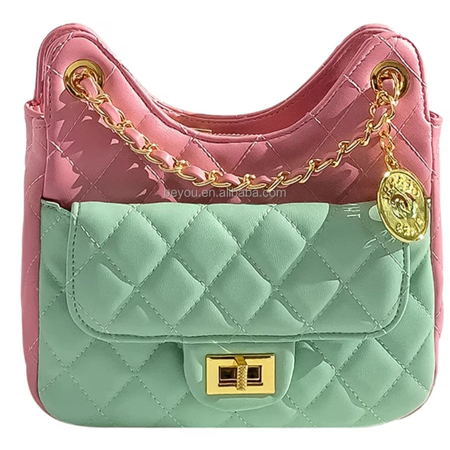 Pink and mint green quilted designer handbag with gold chain strap, metal charm, and turn-lock closure.