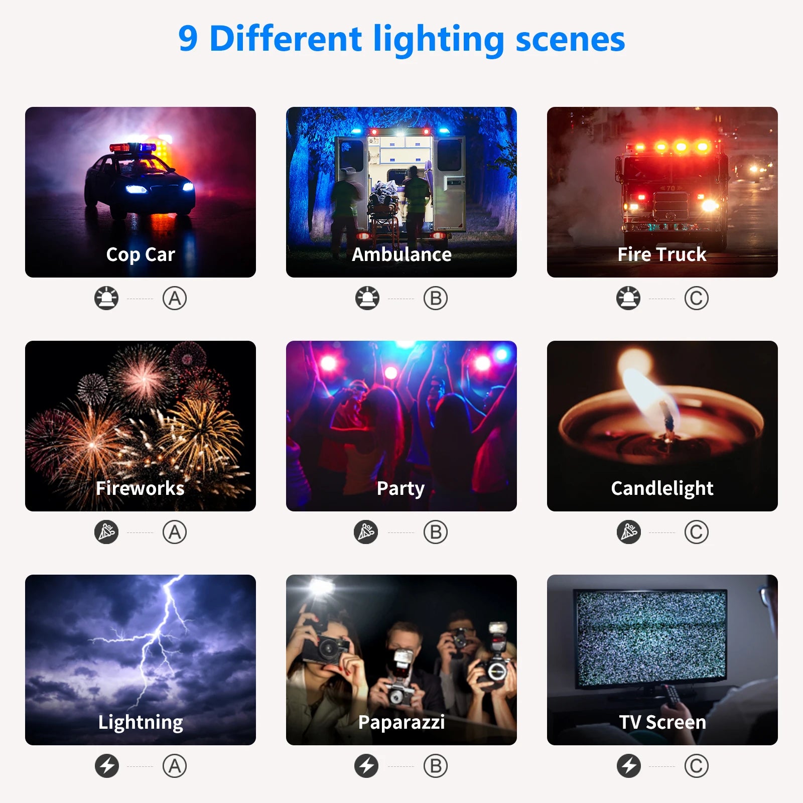 Grid showing nine lighting modes including emergency vehicles, fireworks, party lights, candle, lightning, and TV