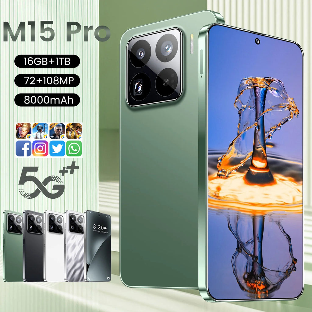 Wholesale M15 Pro 5G Smart Phone Unlocked Android 14 with Face Recognition 4G/5G 16GB+1TB Mobile Phones Cellphone Tidesmit